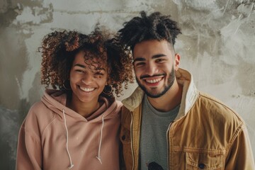 Portrait of a happy latino couple in their 20s wearing a trendy bomber jacket isolated on minimalist or empty room background