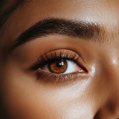 Fototapeta premium Close-up eye, brown iris, soft light, skincare