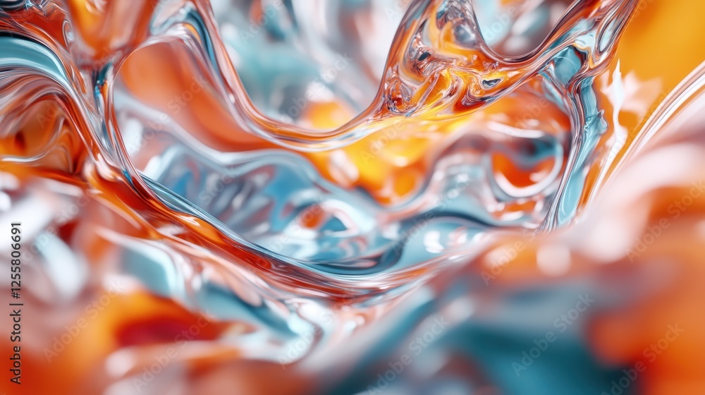 Poster a mesmerizing close-up of formed liquid colors intertwining, creating captivating waves of blue and 