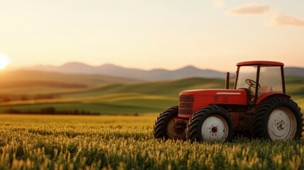 Red Tractor in a Green Field at Sunset with Mountains in the Background