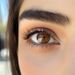 Fototapeta premium Close-up eye, brown iris, natural light, beauty, makeup