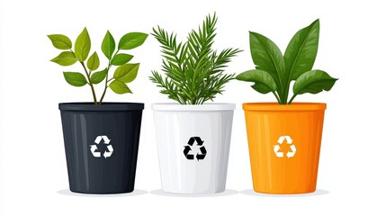Fototapeta premium Three Potted Plants with Recycling Symbols in Modern Flat Design Style
