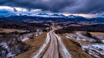 Winding road through snowy valley, mountains backdrop, winter landscape, travel photography