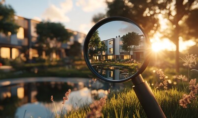 Magnifying glass examines modern eco-friendly homes at sunset