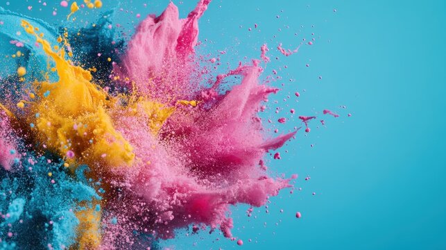 A vibrant image of colorful powder exploding against a bright turquoise background, evoking feelings of joy and celebration, embodying the essence of creativity and fun.
