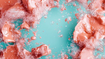 Fototapeta premium An artistic splash of coral hues contrasts against a bright turquoise backdrop, creating a vibrant and lively scene that captivates viewers with its energy.