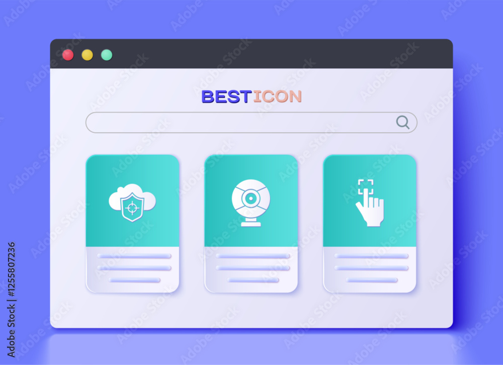 Poster set security camera, cloud and shield and fingerprint icon. vector