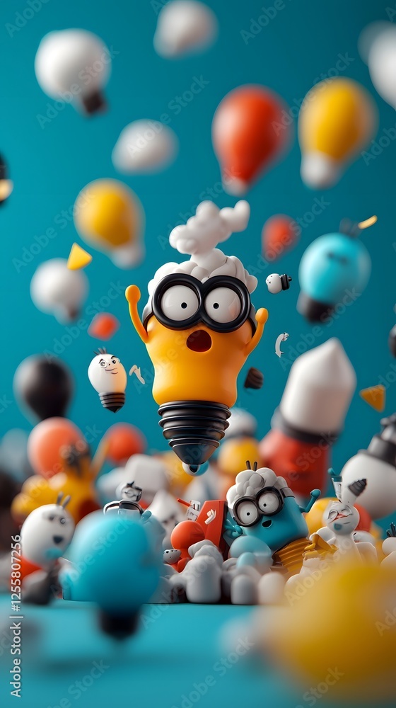 Poster creative cartoon characters in a collaborative workspace brainstorming and generating innovative bus