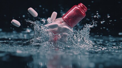 Fototapeta premium A slow-motion capture of a medicine bottle sinking, pills spilling out and catching the shimmering light.