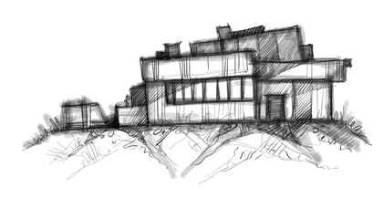 Architecture sketch of building, hand drawn architectectural sketch