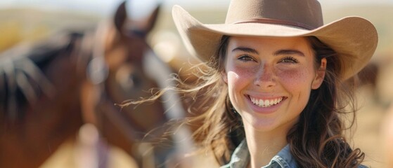 A girl in a cowboy hat against a horse, capturing the spirit of adventure and freedom, would be great for advertising tourist trips or westerns.