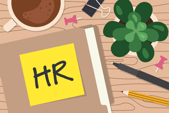 HR (Human Resources) written on a file folder on wooden office desk- vector illustration