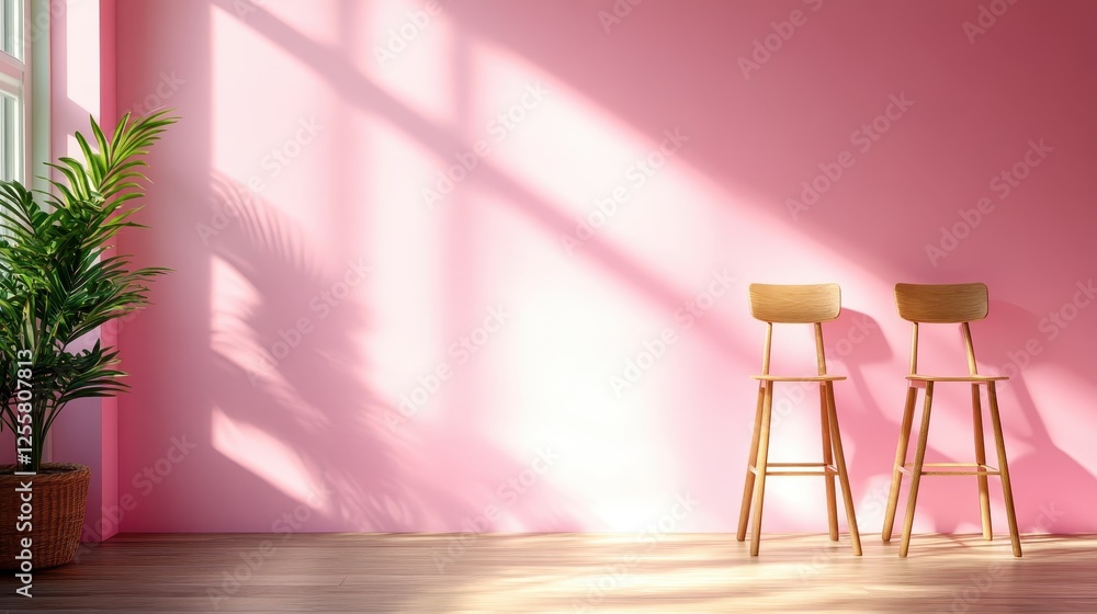 Poster two elegant wooden stools against a soft pink wall with gentle light casting soft shadows, ideal for