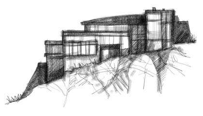 Architecture sketch of building, hand drawn architectectural sketch © Cubitron