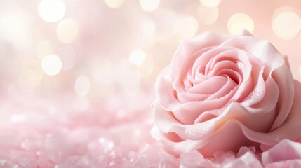 A pink rose flower against a blurred background, bathed in soft light, providing room for text or branding elements.