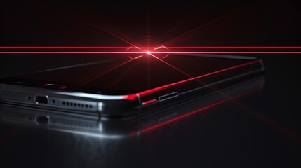 A black smartphone with vivid red laser highlights streaking across a glossy surface, showcasing a high-tech and futuristic aesthetic. AI generated.
