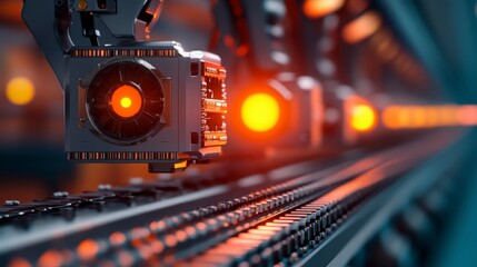 Obraz premium Advanced Robotic Arms in High-Tech Manufacturing Assembly Line with Vibrant Lights