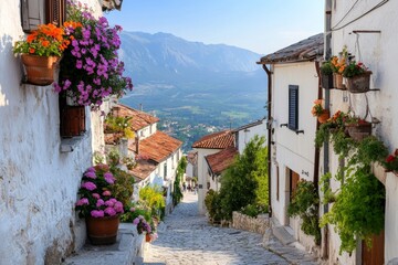Fototapeta premium A homestay in a historic European village, with cobblestone streets and charming architecture