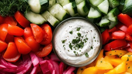 A dazzling overhead view of a colorful arrangement of fresh vegetables surrounding a creamy dip, emphasizing the importance of healthy eating through visually appealing presentation.