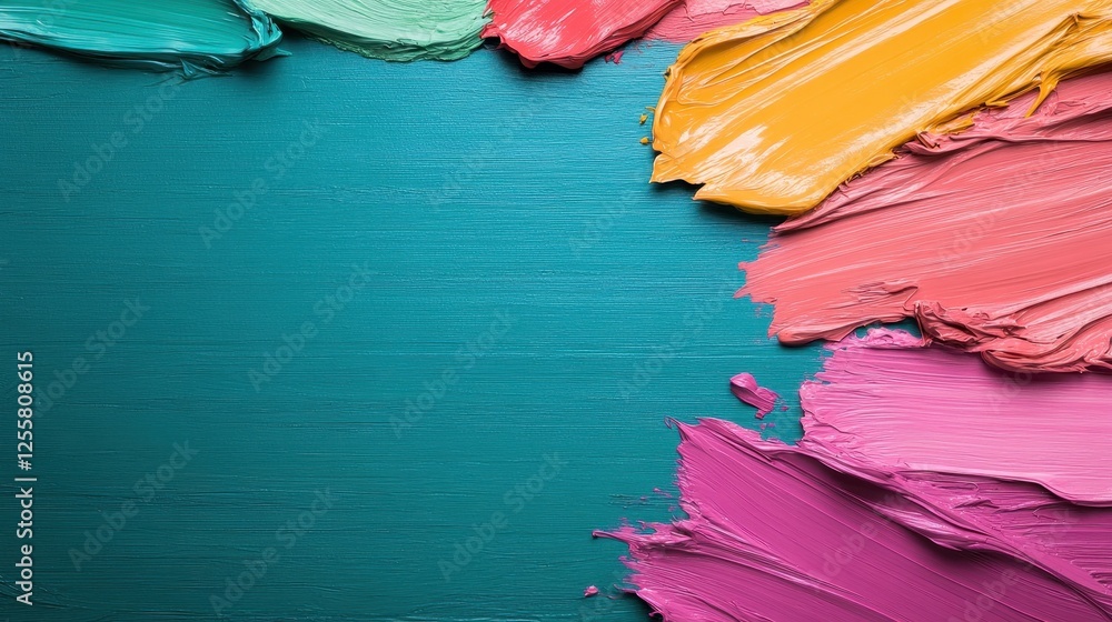 Poster an artistic view of vibrant thickly applied paints on a canvas, showcasing a spectrum of colors and 