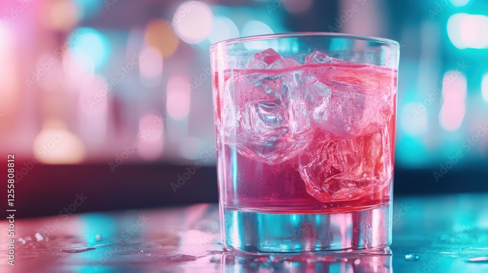 Poster this image features a vibrant cocktail served in a stylish glass with ice, set against a colorful bo