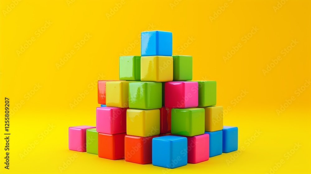 Poster a glossy stack of colorful cubes arranged in a pyramid against a striking yellow background, radiati
