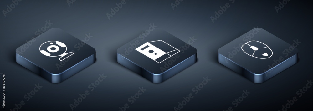 Poster set isometric web camera, computer mouse and case of computer icon. vector