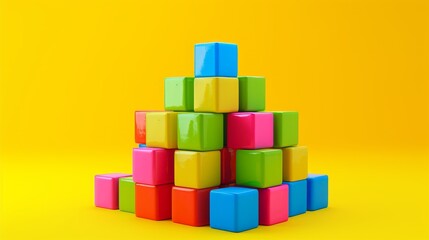 A glossy stack of colorful cubes arranged in a pyramid against a striking yellow background, radiating joy and vibrancy. Perfect for dynamic visuals. AI generated.
