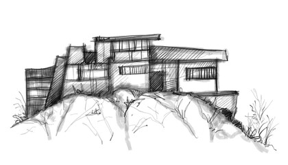 Architecture sketch of building, hand drawn architectectural sketch © Cubitron
