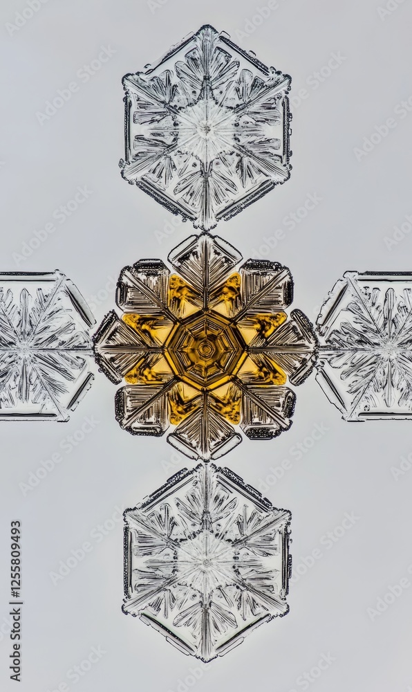Poster microscopic snowflakes forming symmetrical pattern on light background for science or design