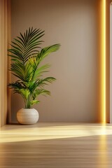 Modern Interior Design Featuring Elegant Potted Plant in Minimalist Space with Natural Light and Stylish Wall Texture in Warm Tones