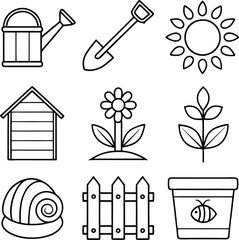 Gardening Tools, Plants, Shed, Sun, Flowers, and Insects Icons