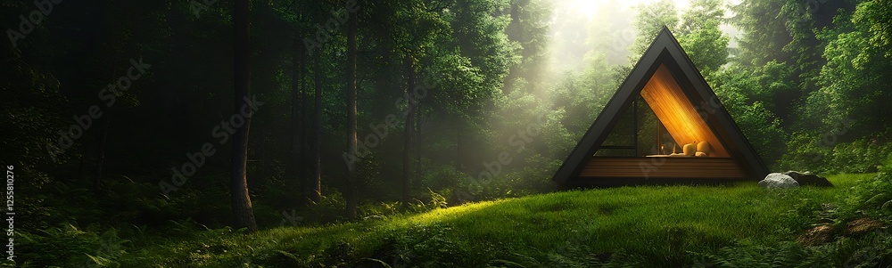Poster a serene cabin nestled in a lush forest, illuminated by warm light, surrounded by tall trees and sof