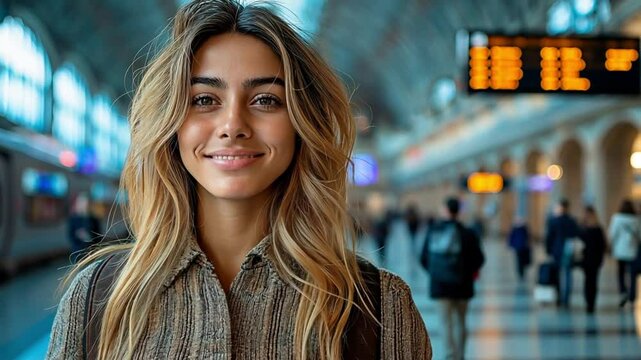 A confident young European woman with wavy blonde hair smiles warmly while standing in a busy train station with travelers in the background. Concept of travel, adventure, and the excitement of new jo