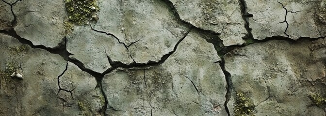 Obraz premium Weathered stone surface with cracks and moss plant composition background
