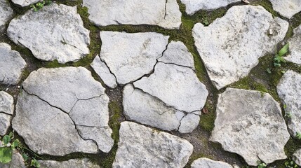 Obraz premium Weathered stone surface with cracks and moss plant composition background