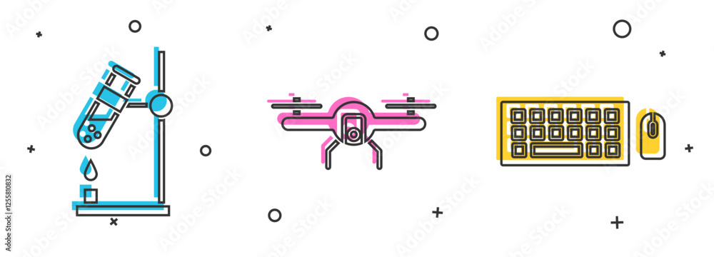 Aufkleber set test tube flask on fire, drone flying and keyboard and mouse icon. vector