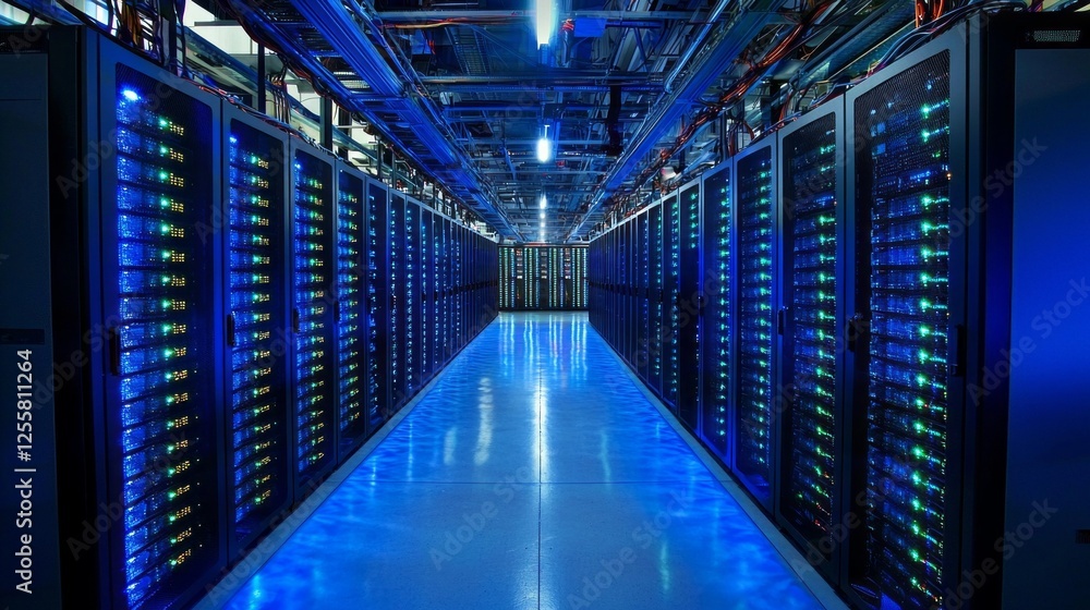 Poster Rows of servers illuminated by blue lights fill this high-tech data center. The facility is bustling with activity, promoting efficient data management in a modern environment