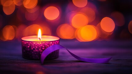Purple Candle with Ribbon and Bokeh Lights