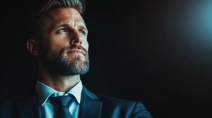 A striking man with a well-kept beard poses thoughtfully in profile, spotlighted beautifully in a dramatic setting, evoking emotions of introspection and determination.