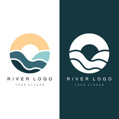 Logos of rivers, creeks, riverbanks and streams. River logo with combination of mountains, farmland, sunrise with vector concept design.
