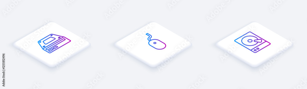 Aufkleber set isometric line optical disc drive, computer mouse and hard disk hdd. white square button. vector