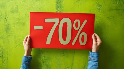 Hands holding a bold red discount sign reading -70 against a vibrant green textured wall, perfect for sales promotions and marketing campaigns. AI generated.