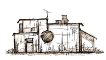 Architecture sketch of building, hand drawn architectectural sketch © Cubitron