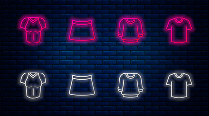 Set line Skirt, Sweater, T-shirt and . Glowing neon icon on brick wall. Vector