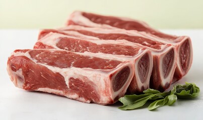 Fototapeta premium Raw beef short ribs on white surface with basil garnish, ready for cooking