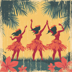 Hawaiian Hula Dancers at Traditional Luau in Vintage Poster Style