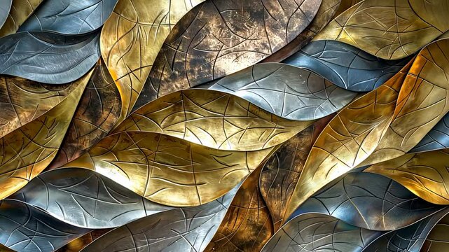 Close-up of intricate metallic leaves in gold, silver, and bronze tones, creating a textured, artistic design with smooth curves.