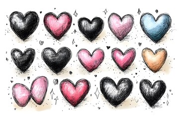Obraz premium Collection of whimsical, hand-drawn hearts in various colors.