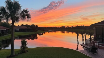 Obraz premium A stunning sunset over a calm lake, with the sky painted in shades of orange, pink, and purple.
